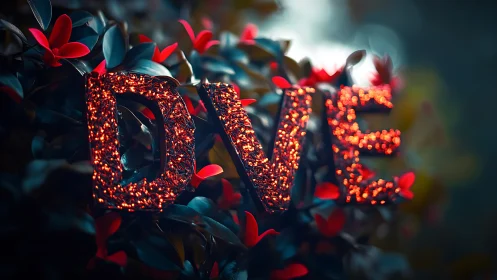 Glowing Love Typography with Red Flowers and Bokeh.