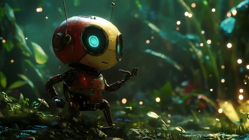 Small biped robot examines glowing particles in forest clearing