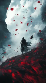 Lone cloaked warrior on crimson ridge beneath storm clouds.