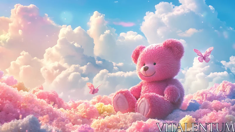 Pink plush teddy bear sits in pastel clouds with butterflies