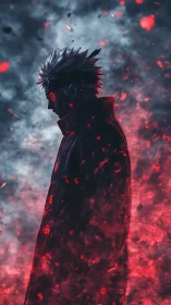 Volumetric silhouette of cursed warrior in red particle storm.