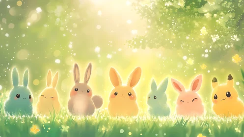 Sunlit bunny sprites sparkle in a meadow of whispering light.
