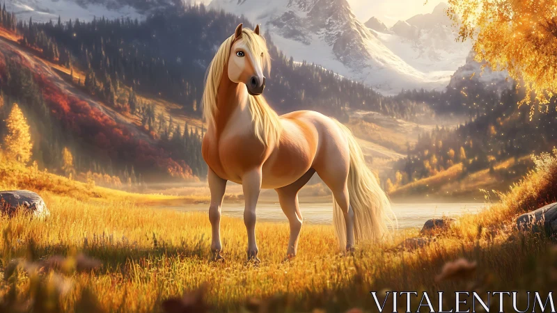 Golden palomino horse in luminous alpine autumn meadow.