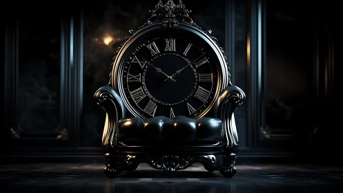 Baroque armchair-clock fusion in moody low-key lighting study