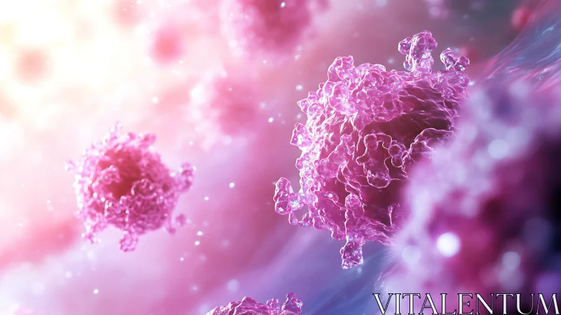 Oncology cells rendered in luminous pink macro microcosm.