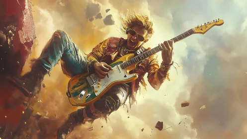 Electric rock guitarist in midair surrounded by explosive clouds.