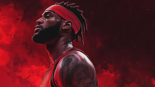 Focused basketball player breathes in bold red arena light