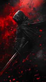 Cloaked swordsman in red particulate storm digital painting.