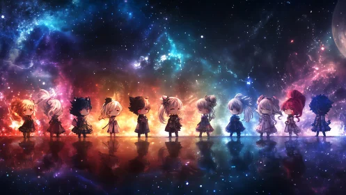 Celestial chibi ensemble aligned across prismatic nebula horizon.