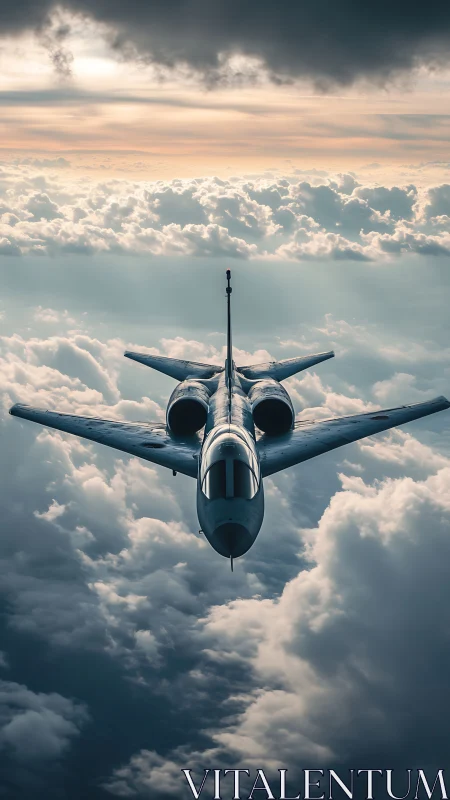 Swept wing jet aircraft cruises above dense stratocumulus deck