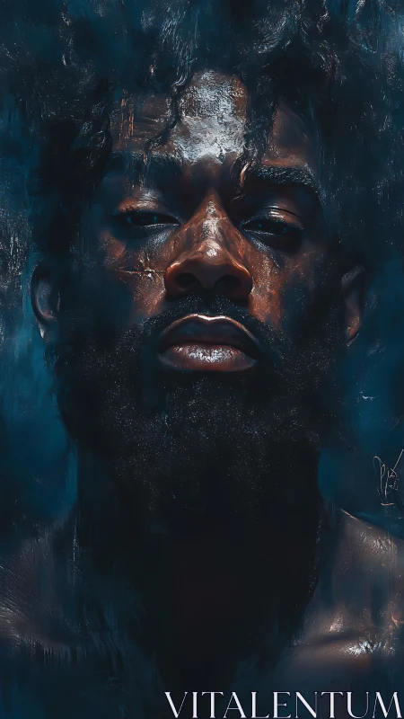 Close frontal portrait of man in blue-toned digital render.