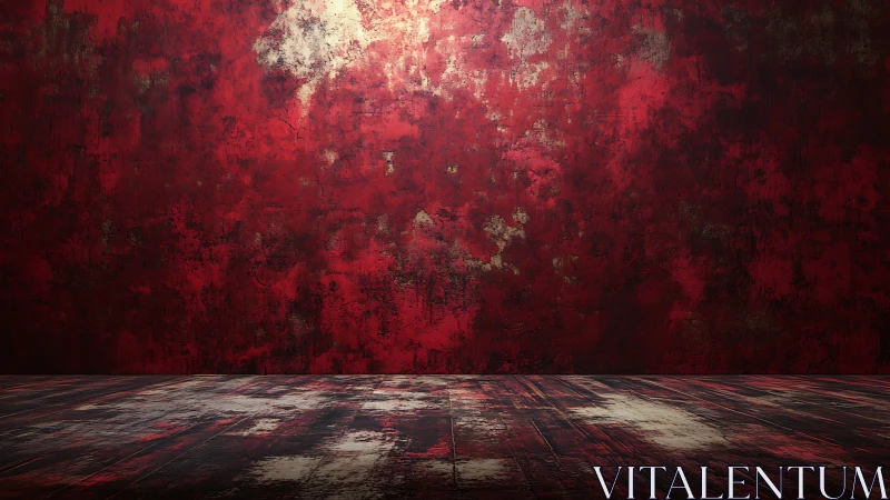Textured red studio backdrop with distressed wooden floor staging.