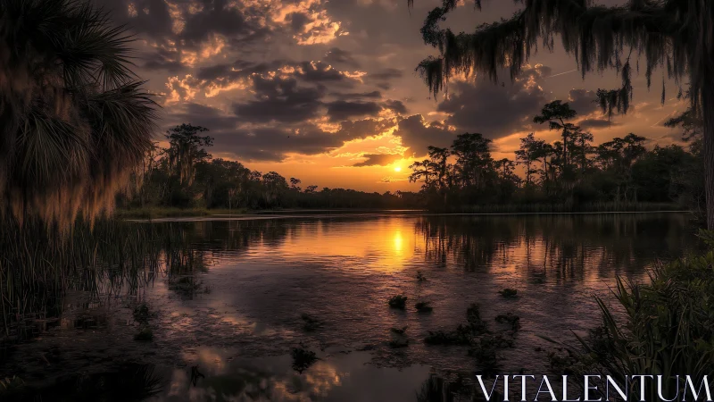 Golden sunset over tranquil swamp waters and mossy trees.