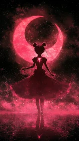 Silhouetted moonlit heroine awakens under a glowing crimson crescent