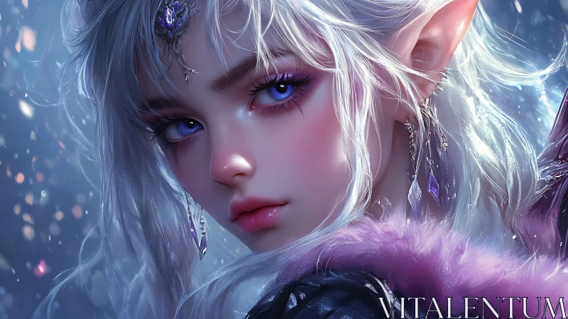 Elf woman with silver hair and violet eyes looks sideways
