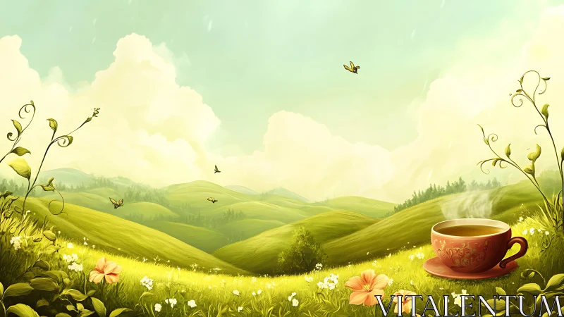 Sunlit tea cup rests in dreamy rolling green meadows.