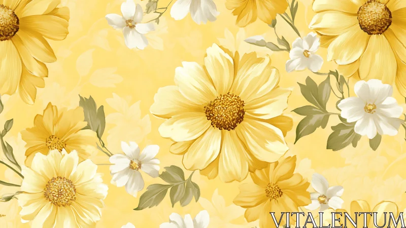Layered Botanical Composition: Rendered Daisy and Chamomile Florals Against Luminous Yellow Backgrou