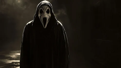 Hooded figure wearing screaming mask stands in dark alley