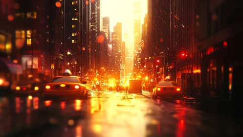Rain‑slicked urban avenue with taxis under volumetric glow.