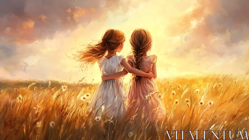 Sisters embrace in a glowing sunset field of golden memories