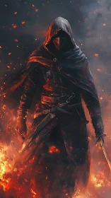 Hooded fire warrior emerging from blazing inferno storm.