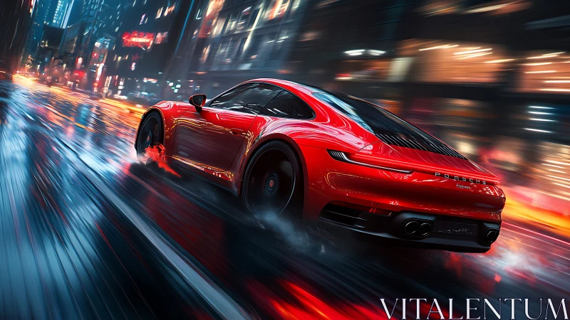Red sports car chasing neon reflections through wet city streets.