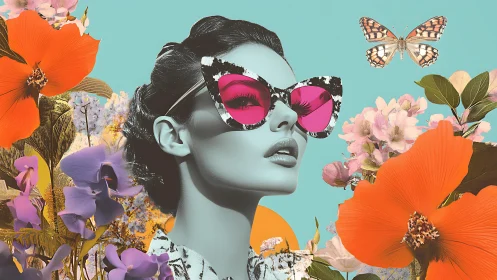 Monochrome muse framed by neon florals and retro butterflies.