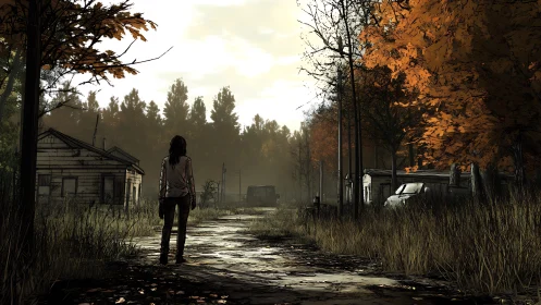 Lone survivor walks through abandoned autumn trailer park