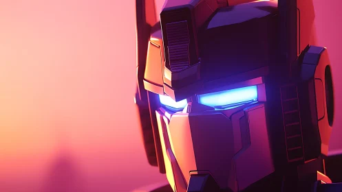 Neon dusk sentinel robot gazes through molten sunset glow.