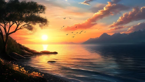 Sunset illuminates tranquil lake, silhouetted tree, distant peaks