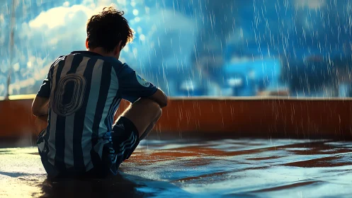 Young soccer player sits alone in heavy evening rain