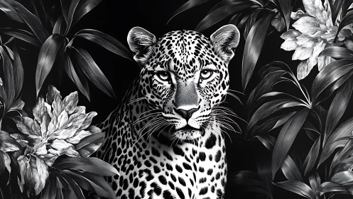 Monochrome leopard portrait in dense botanical surround, digital.