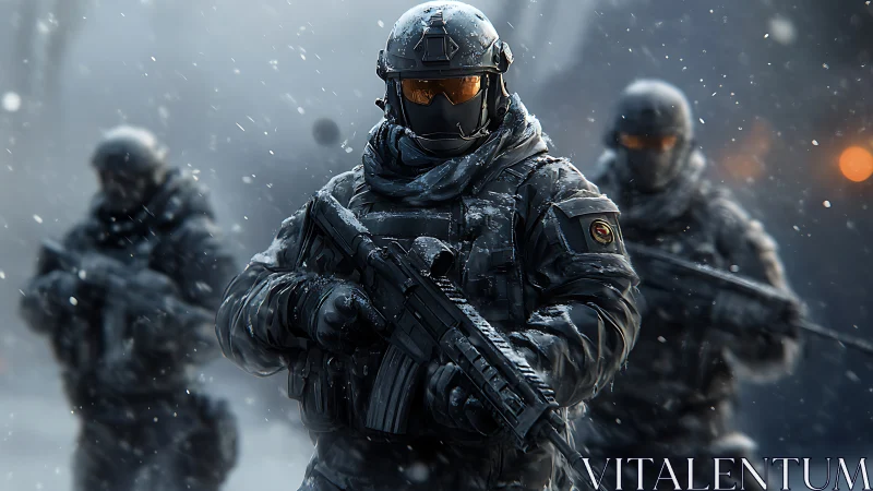 Heavily armed winter soldiers advance through dense snowfall