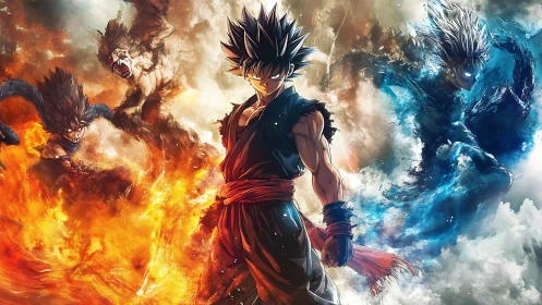 Anime elemental warrior in bilateral fire and ice composition.