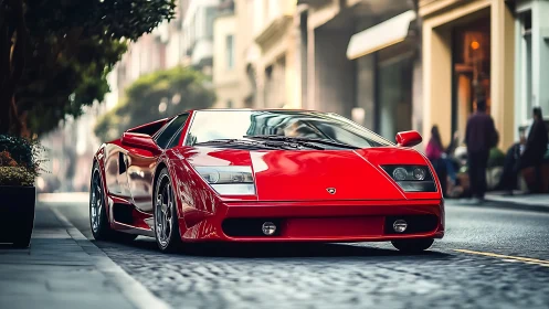 Crimson supercar prowls a sunlit city canyon with quiet menace