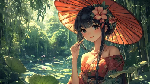 Woman with parasol beside pond in dense bamboo forest scene.
