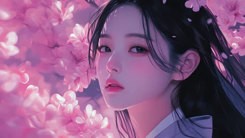 Pink sakura portrait frames serene digital maiden gaze.