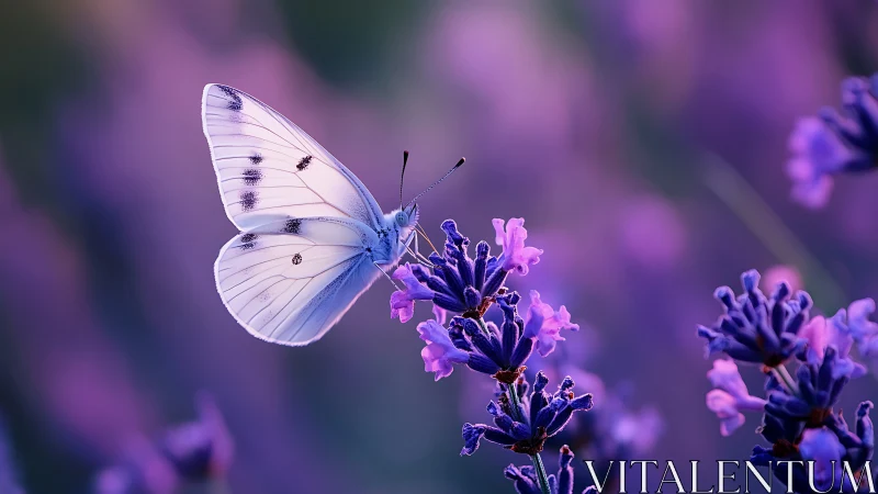 White butterfly poised on lavender in dreamy violet bokeh.
