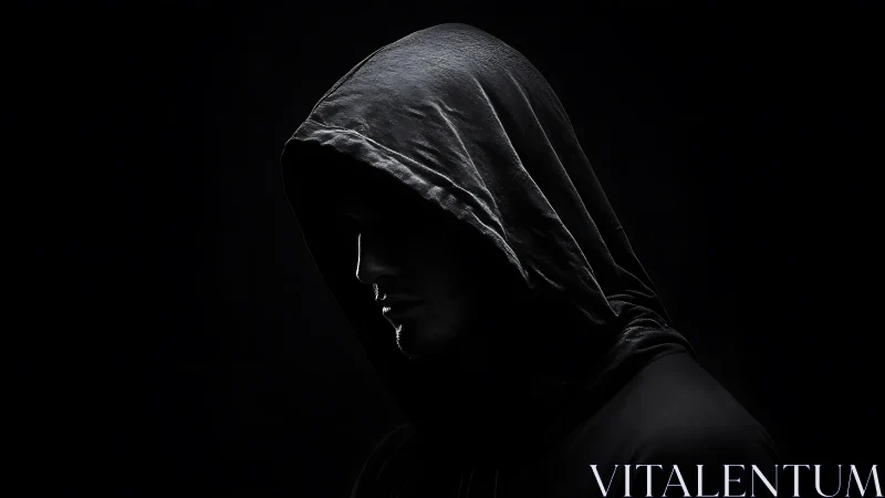 Hooded shadow walker in charcoal-dark cinematic silence.