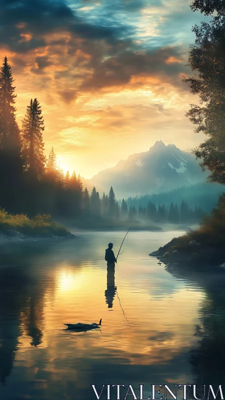Solitary angler wading through molten sunrise river hush.
