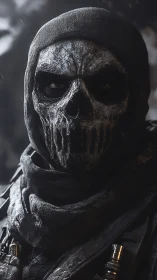 Brooding skull-masked warrior waits in the cold, quiet rain