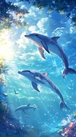 Dolphins swimming through sunlit tropical underwater seascape.