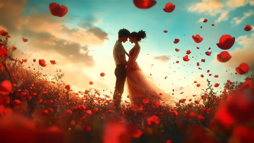Lovers Waltz Through Crimson Petals Against Golden Hour Magic