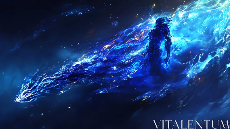 Ethereal blue spirit strides through cosmic energy waves