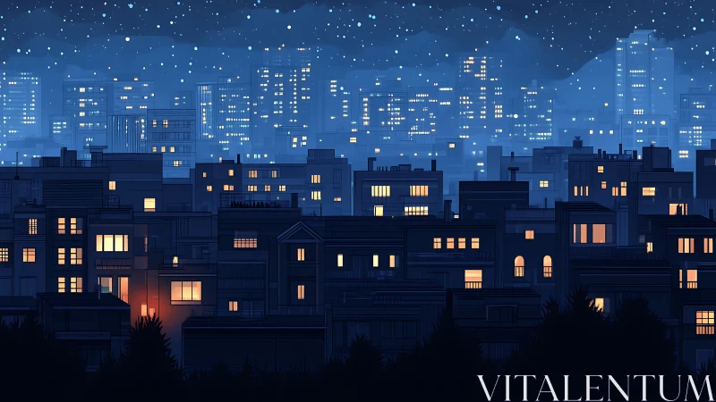 Cozy city skyline glowing softly beneath a starlit night.