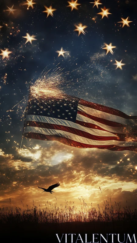 Flag of sparks and soaring dusk over amber American skies.