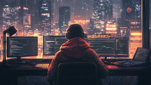 Hooded programmer monitors multi-screen code in neon cityscape