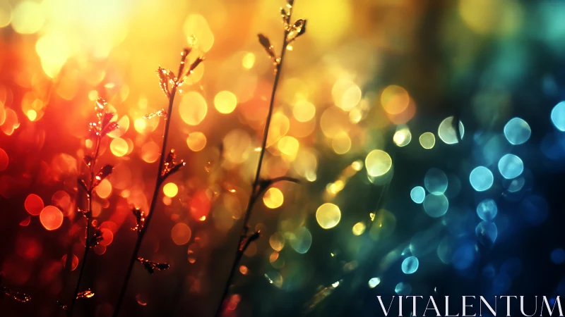 Backlit plant stems against colorful bokeh field of light.