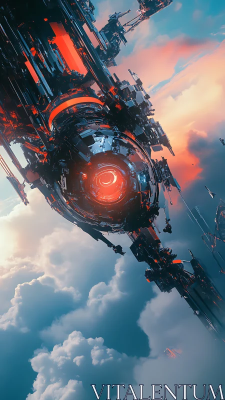 Futuristic orbital machine structure above dense cloud layer.