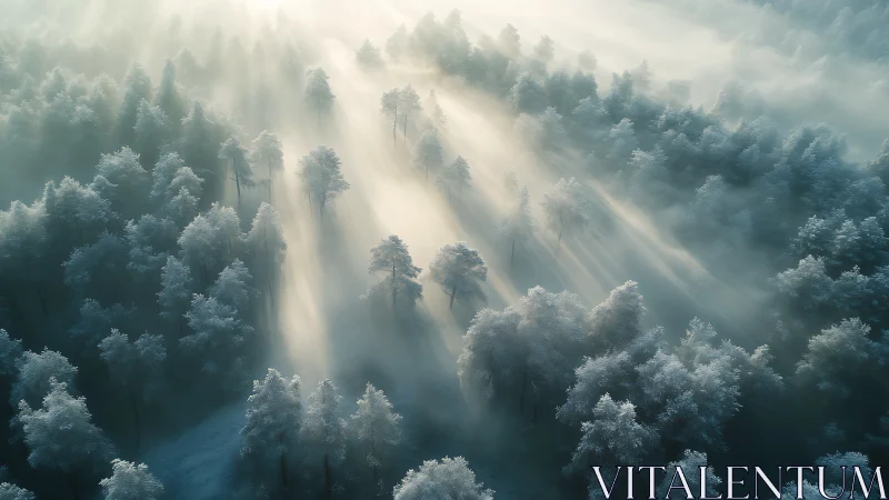 Winter sunbeams drift through a frost-veiled dream forest.